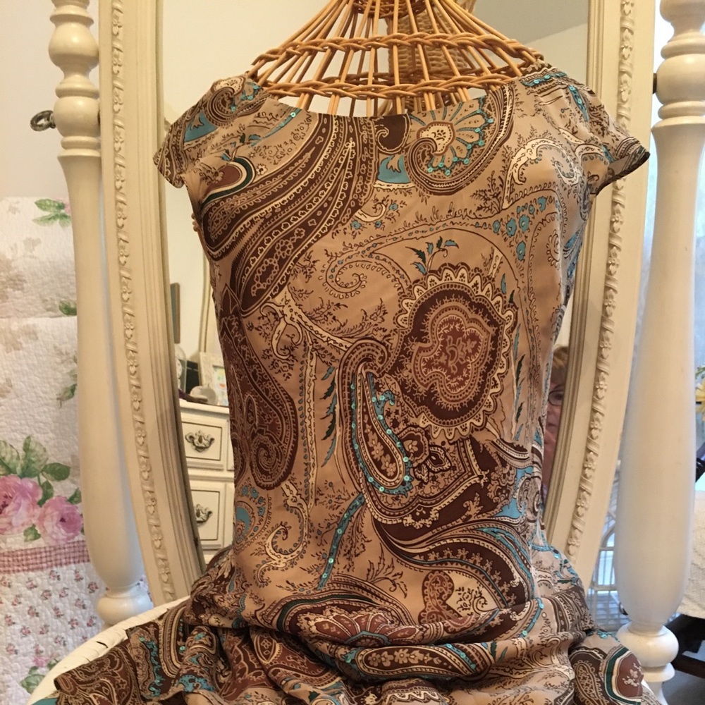 Kate Hill Beige Brown and Turquoise Paisley Two-Piece Skirt Set
